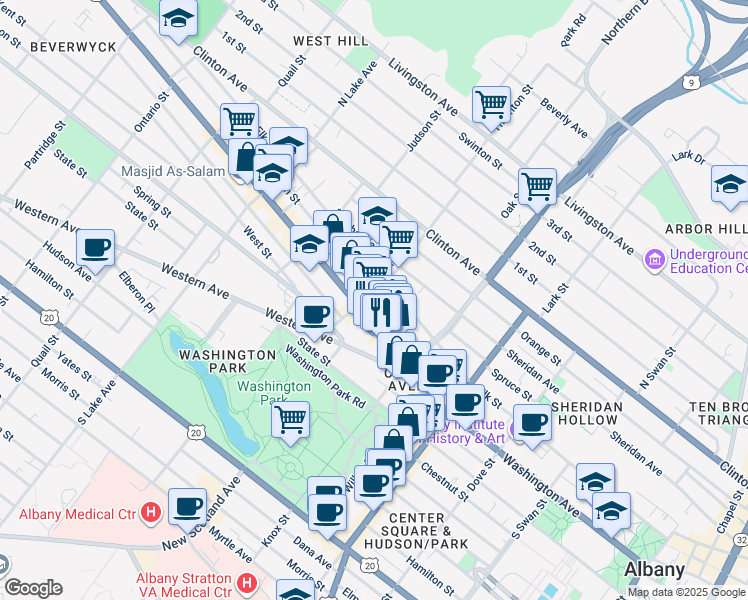 map of restaurants, bars, coffee shops, grocery stores, and more near in Albany