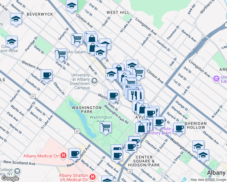 map of restaurants, bars, coffee shops, grocery stores, and more near 323 Washington Avenue in Albany