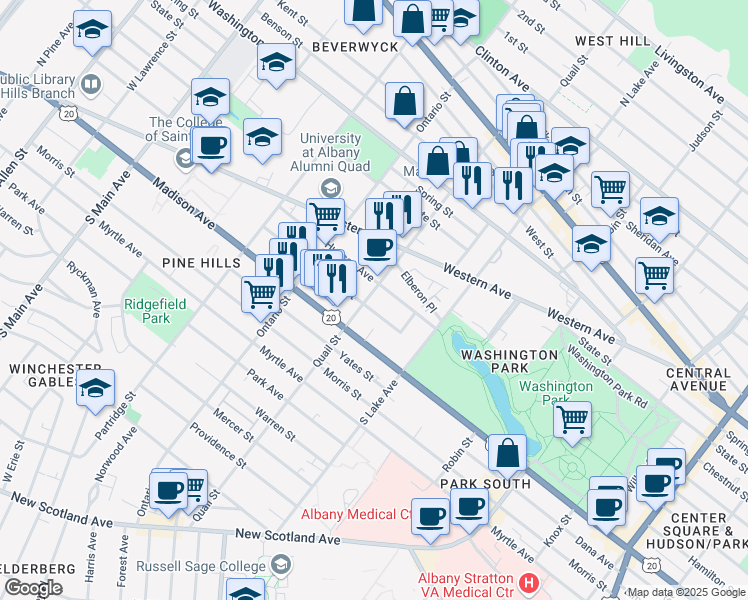 map of restaurants, bars, coffee shops, grocery stores, and more near 248 Quail Street in Albany