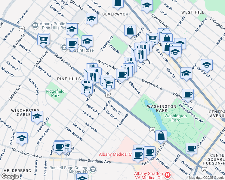 map of restaurants, bars, coffee shops, grocery stores, and more near 799 Madison Avenue in Albany