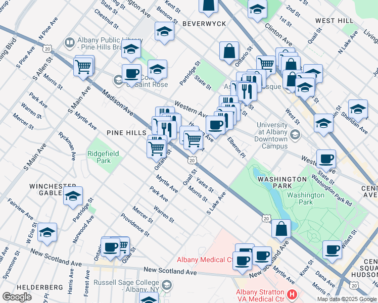 map of restaurants, bars, coffee shops, grocery stores, and more near 799 Madison Avenue in Albany