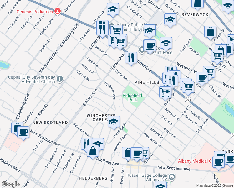 map of restaurants, bars, coffee shops, grocery stores, and more near 2 Peyster Street in Albany