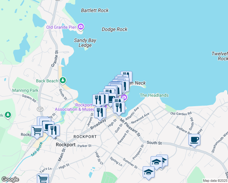 map of restaurants, bars, coffee shops, grocery stores, and more near 42 Bearskin Neck in Rockport