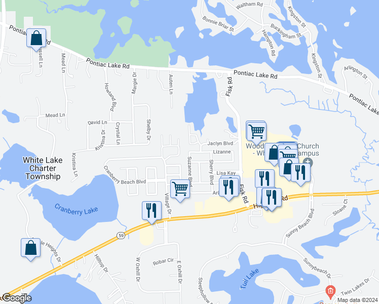 map of restaurants, bars, coffee shops, grocery stores, and more near 69 Suzanne Boulevard in White Lake charter Township
