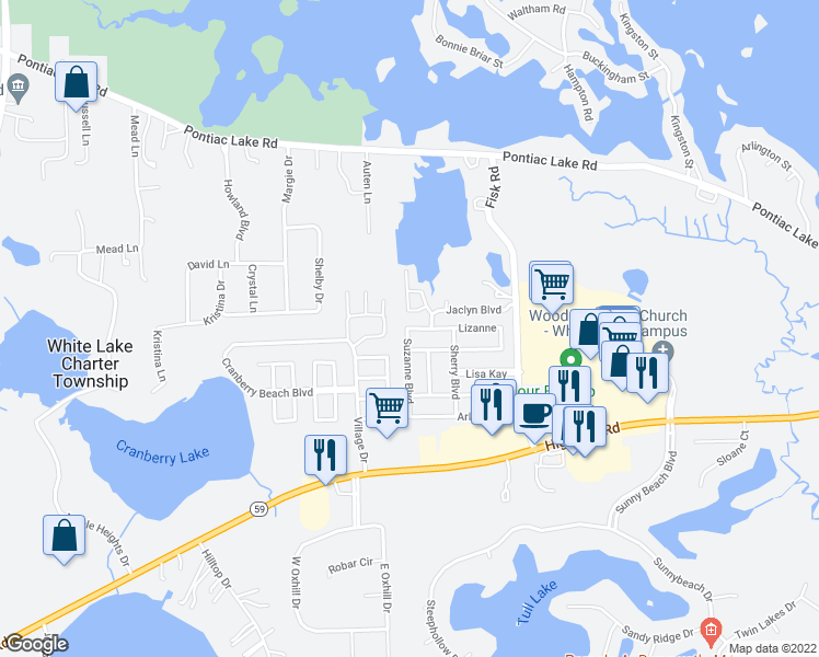 map of restaurants, bars, coffee shops, grocery stores, and more near 77 Suzanne Boulevard in White Lake charter Township