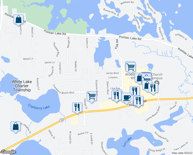 map of restaurants, bars, coffee shops, grocery stores, and more near 71 Suzanne Boulevard in White Lake charter Township