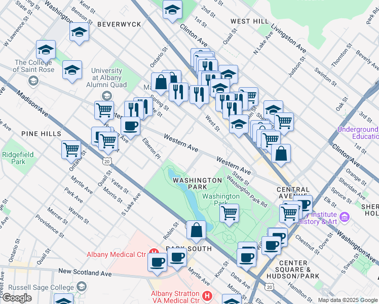 map of restaurants, bars, coffee shops, grocery stores, and more near 2 Thurlow Terrace in Albany