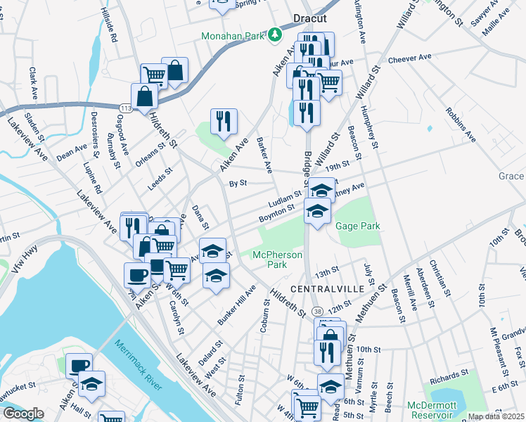 map of restaurants, bars, coffee shops, grocery stores, and more near 55 Eustis Avenue in Lowell