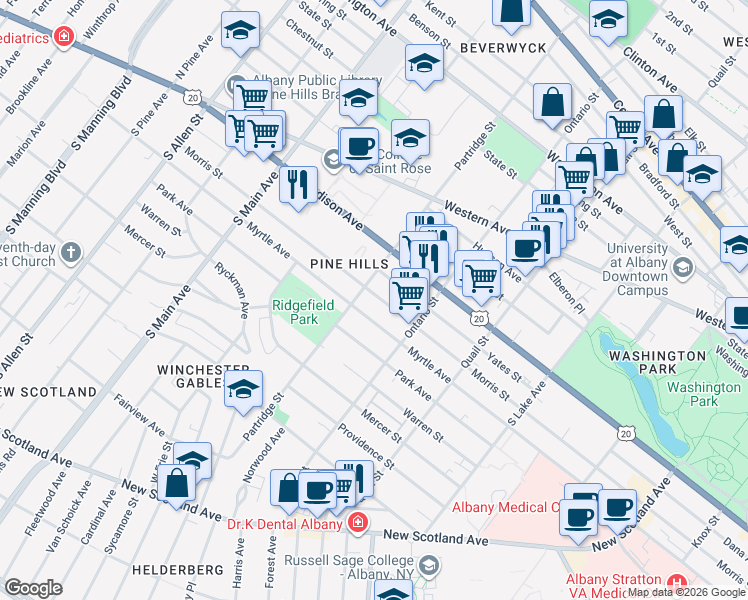 map of restaurants, bars, coffee shops, grocery stores, and more near in Albany