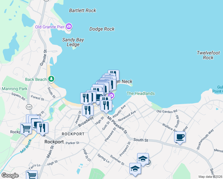 map of restaurants, bars, coffee shops, grocery stores, and more near 67 Bearskin Neck in Rockport