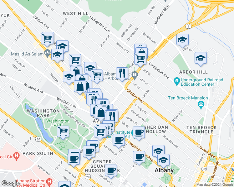map of restaurants, bars, coffee shops, grocery stores, and more near 93 Henry Johnson Boulevard in Albany
