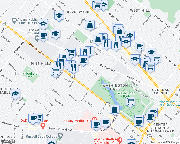 map of restaurants, bars, coffee shops, grocery stores, and more near 421 Hudson Avenue in Albany