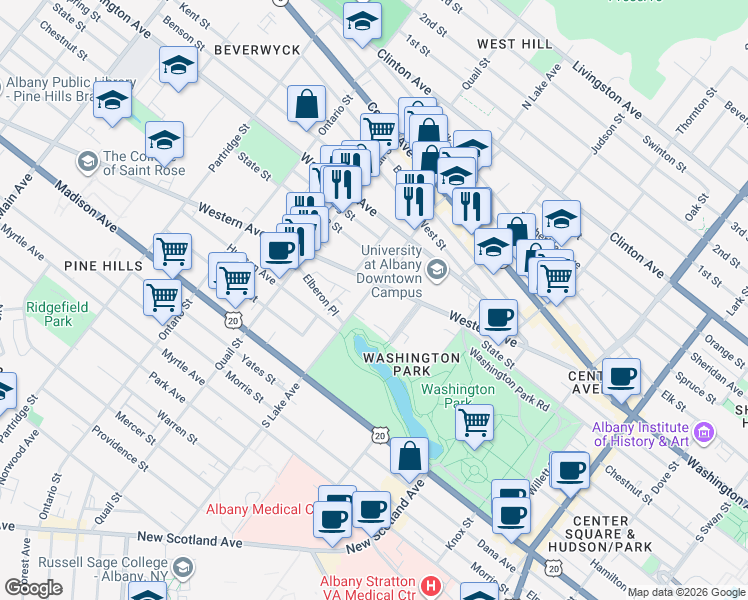 map of restaurants, bars, coffee shops, grocery stores, and more near 6 South Lake Avenue in Albany