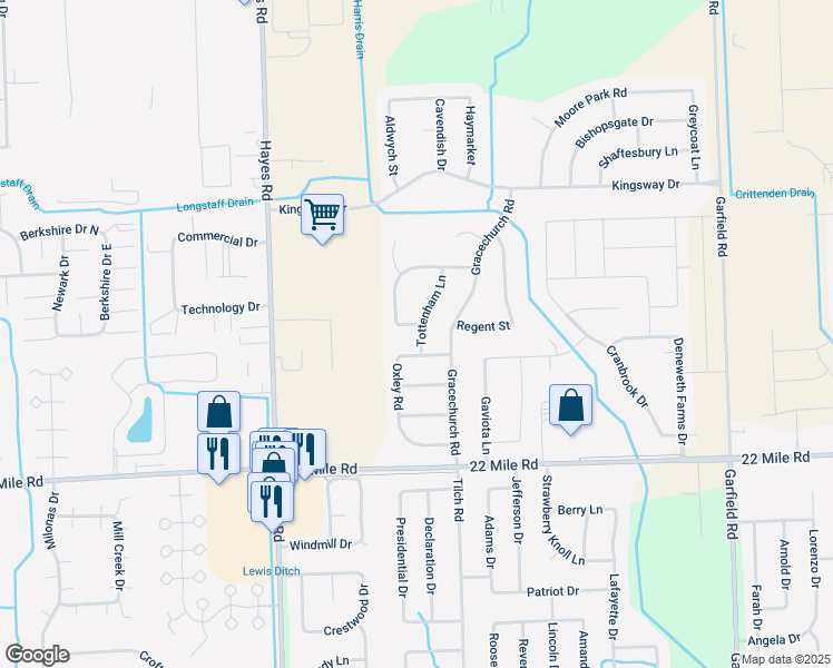 map of restaurants, bars, coffee shops, grocery stores, and more near 15627 Tudor Street in Macomb