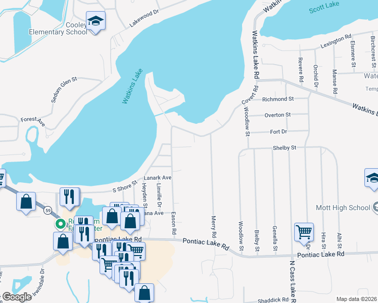 map of restaurants, bars, coffee shops, grocery stores, and more near 1512 Eason Road in Waterford Township