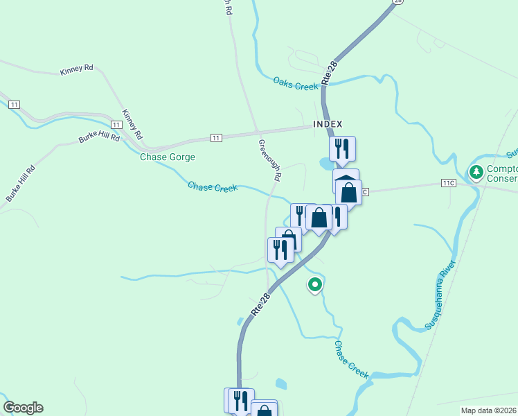 map of restaurants, bars, coffee shops, grocery stores, and more near 155 Greenough Road in Cooperstown