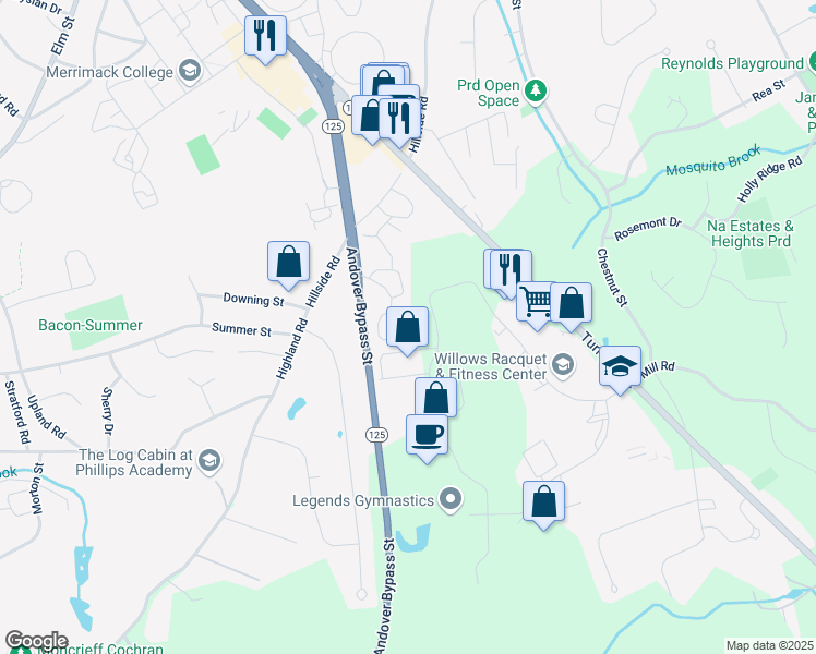 map of restaurants, bars, coffee shops, grocery stores, and more near 68 Meadowood Road in North Andover