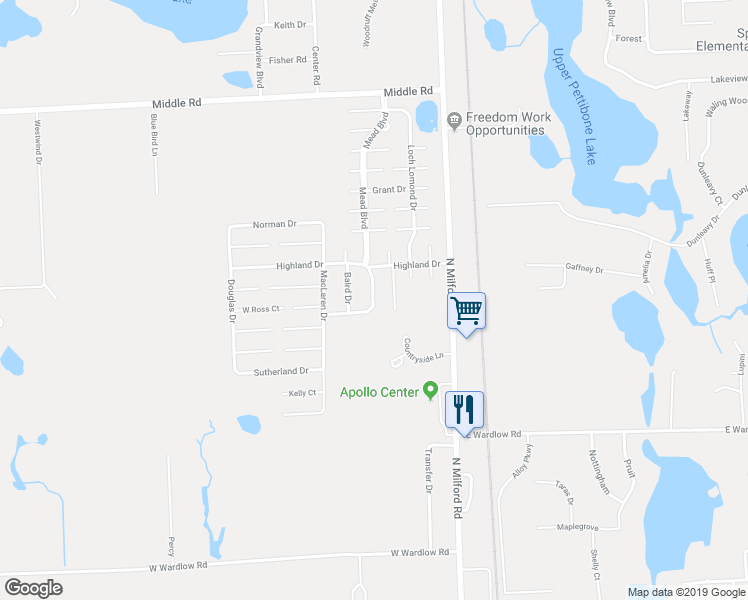 map of restaurants, bars, coffee shops, grocery stores, and more near 2348 Mead Drive in Highland Township