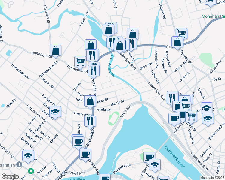 map of restaurants, bars, coffee shops, grocery stores, and more near 99 Rosemont Street in Lowell