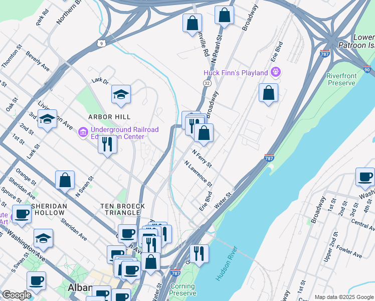 map of restaurants, bars, coffee shops, grocery stores, and more near in Albany