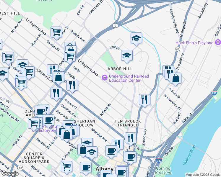 map of restaurants, bars, coffee shops, grocery stores, and more near 67 3rd Street in Albany