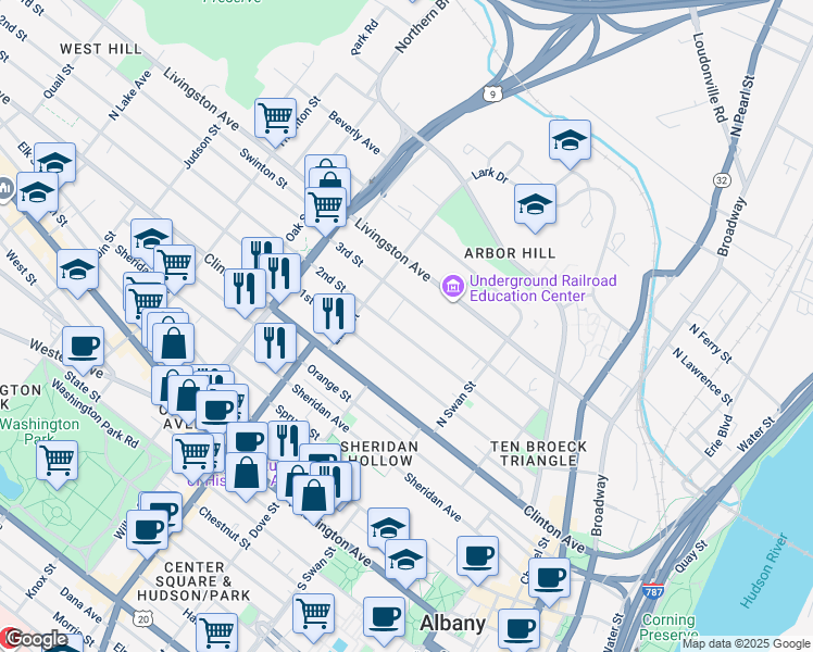 map of restaurants, bars, coffee shops, grocery stores, and more near 118 2nd Street in Albany