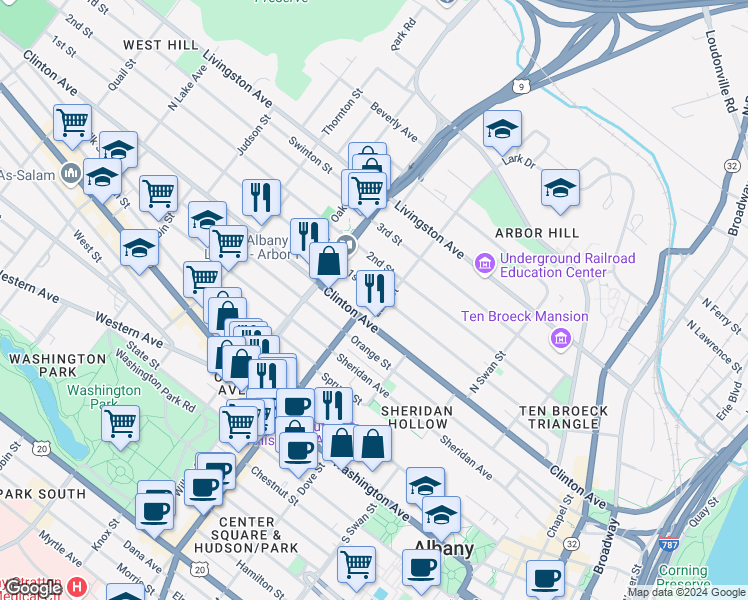 map of restaurants, bars, coffee shops, grocery stores, and more near 281 Clinton Avenue in Albany