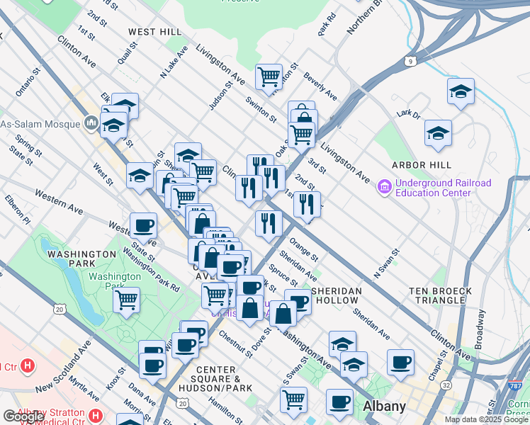 map of restaurants, bars, coffee shops, grocery stores, and more near 319 Orange Street in Albany