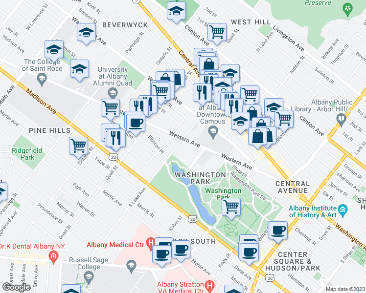 map of restaurants, bars, coffee shops, grocery stores, and more near 14 South Lake Avenue in Albany