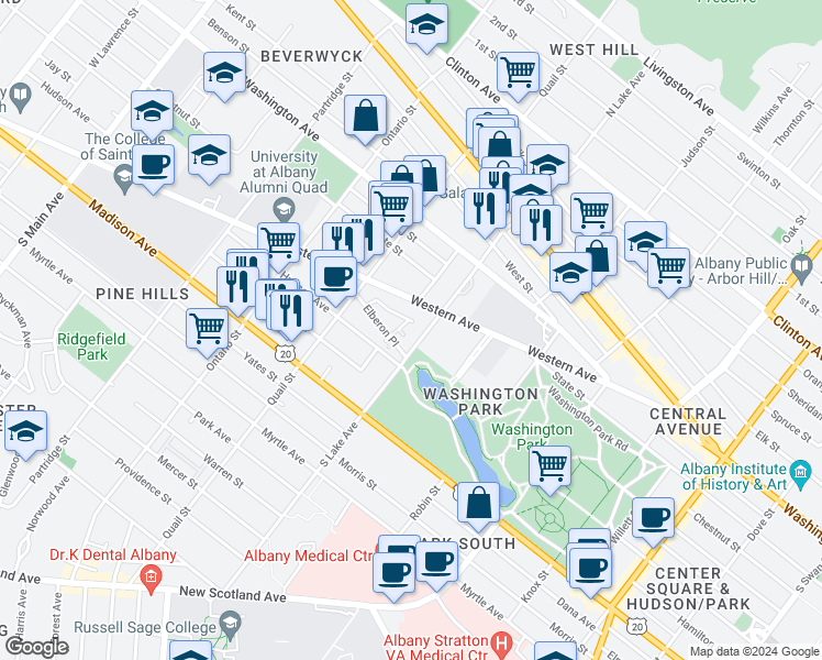map of restaurants, bars, coffee shops, grocery stores, and more near 3 Elberon Place in Albany