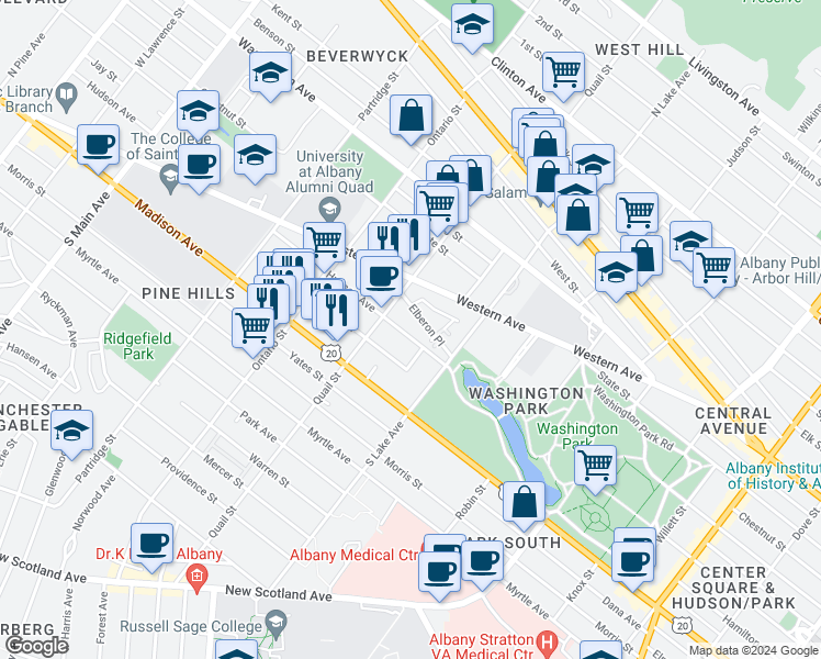 map of restaurants, bars, coffee shops, grocery stores, and more near 420 Hudson Avenue in Albany