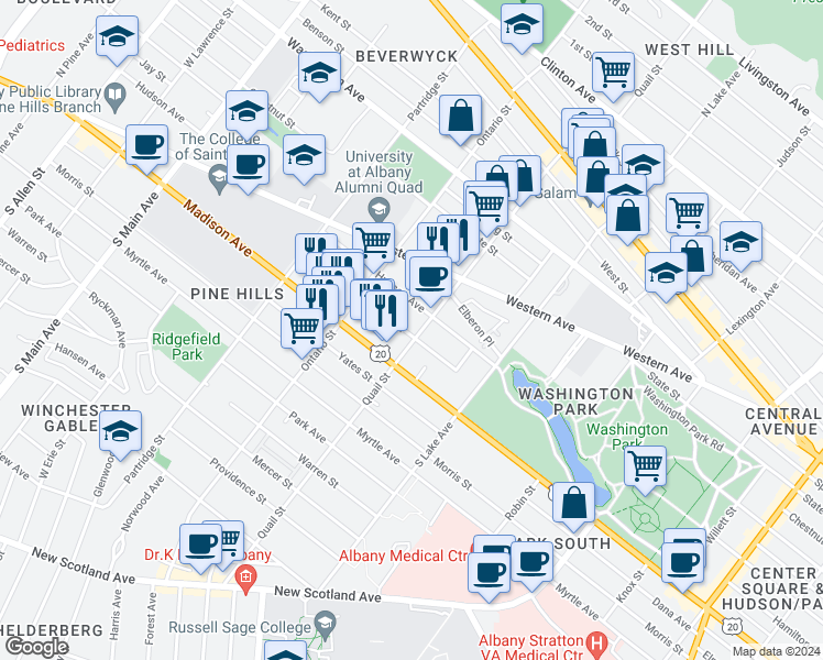 map of restaurants, bars, coffee shops, grocery stores, and more near 248 Quail Street in Albany
