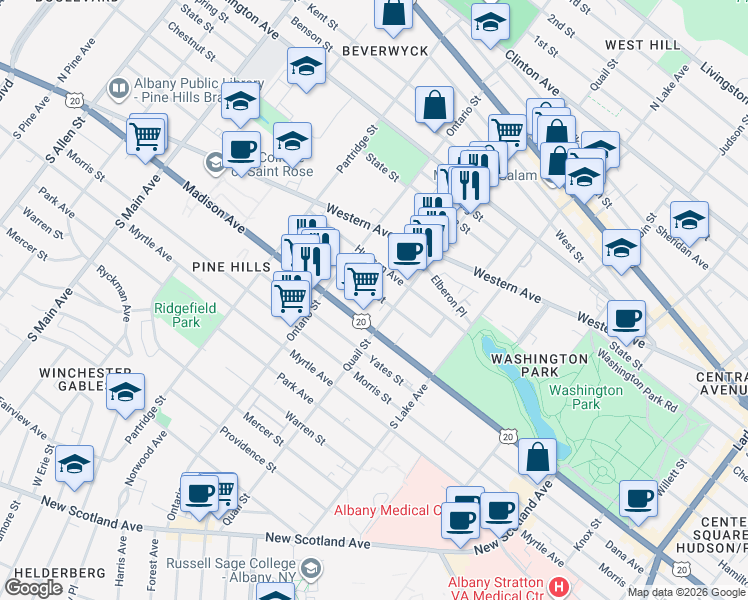 map of restaurants, bars, coffee shops, grocery stores, and more near 799 Madison Avenue in Albany