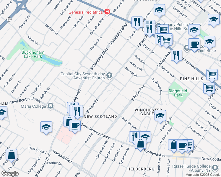 map of restaurants, bars, coffee shops, grocery stores, and more near 211 South Allen Street in Albany