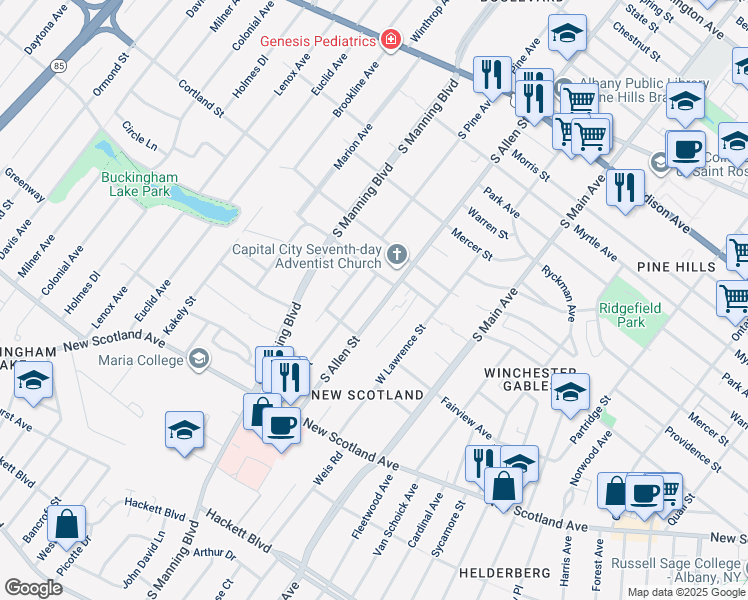 map of restaurants, bars, coffee shops, grocery stores, and more near 211 South Allen Street in Albany