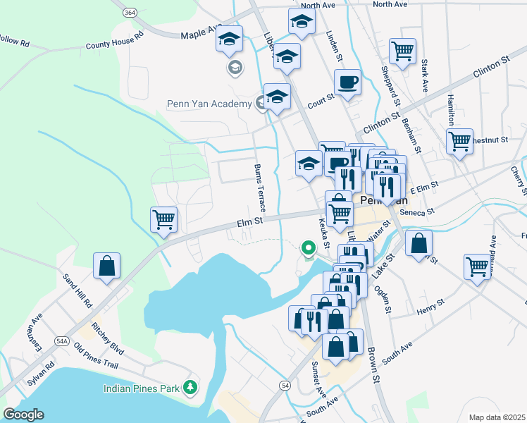 map of restaurants, bars, coffee shops, grocery stores, and more near 340 Elm Street in Penn Yan