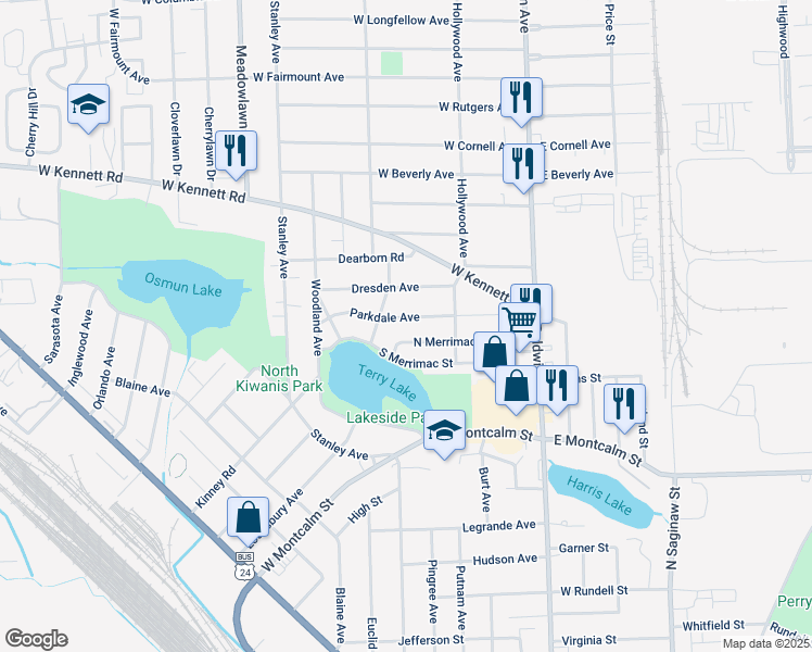 map of restaurants, bars, coffee shops, grocery stores, and more near 146 North Merrimac Street in Pontiac