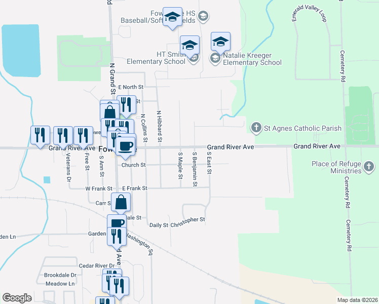 map of restaurants, bars, coffee shops, grocery stores, and more near 113 South Maple Street in Fowlerville