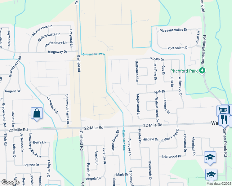 map of restaurants, bars, coffee shops, grocery stores, and more near 49322 Monarch Drive in Macomb