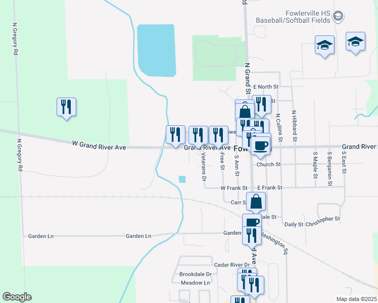 map of restaurants, bars, coffee shops, grocery stores, and more near 127 Jackson Street in Fowlerville