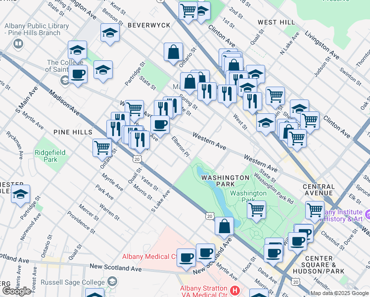 map of restaurants, bars, coffee shops, grocery stores, and more near 19 Elberon Place in Albany