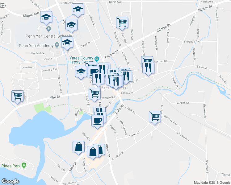 map of restaurants, bars, coffee shops, grocery stores, and more near 12 East Main Street in Penn Yan