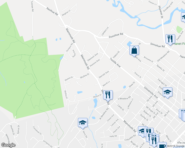 map of restaurants, bars, coffee shops, grocery stores, and more near 498 Mammoth Road in Dracut