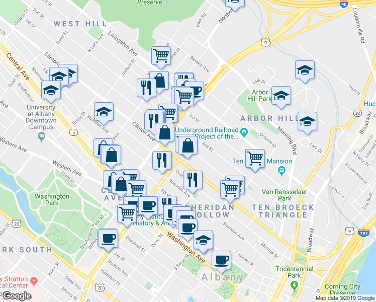 map of restaurants, bars, coffee shops, grocery stores, and more near 194 1st Street in Albany