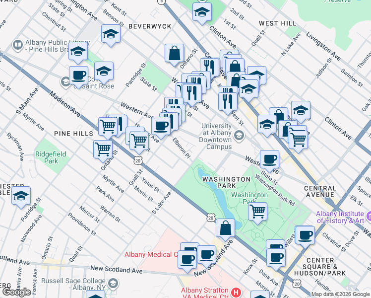map of restaurants, bars, coffee shops, grocery stores, and more near 21 Elberon Place in Albany