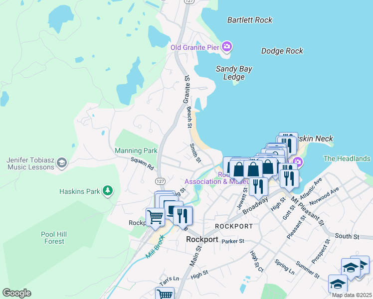 map of restaurants, bars, coffee shops, grocery stores, and more near 9 Smith Street Court in Rockport