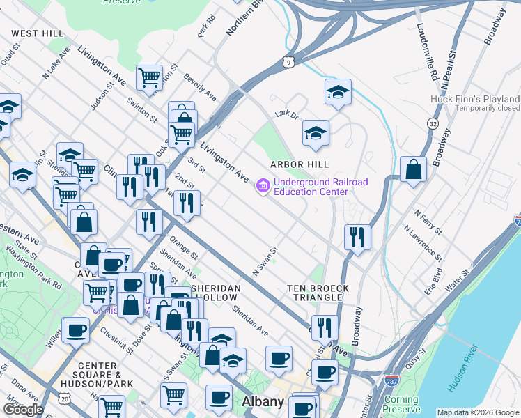 map of restaurants, bars, coffee shops, grocery stores, and more near 88 3rd Street in Albany
