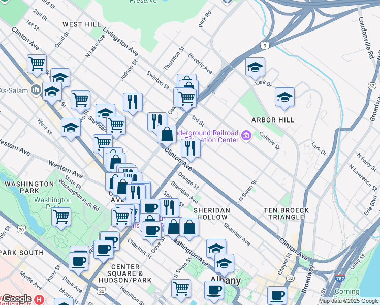 map of restaurants, bars, coffee shops, grocery stores, and more near 281 Clinton Avenue in Albany