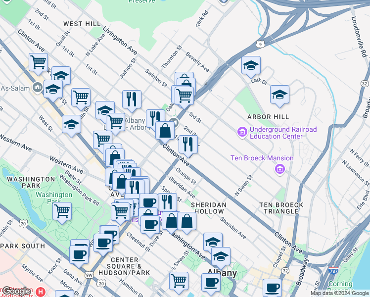 map of restaurants, bars, coffee shops, grocery stores, and more near 281 Clinton Avenue in Albany