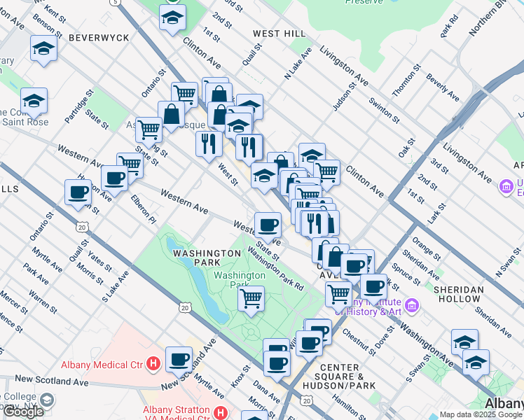 map of restaurants, bars, coffee shops, grocery stores, and more near 930a Robin Street in Albany
